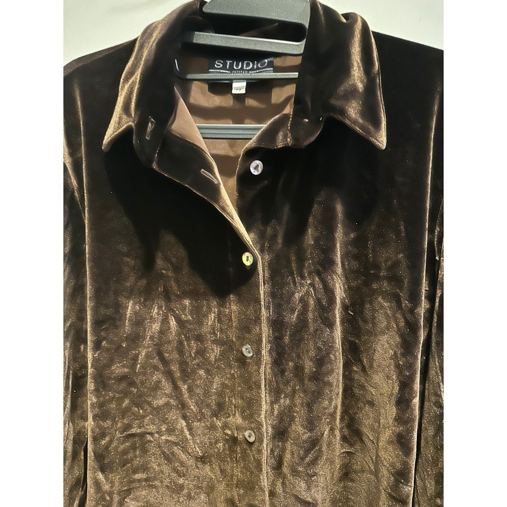 Studio Marisa Christina Brown Velvet Button Down Shirt Petites PS Long Sleeve - Picture 3 of 6